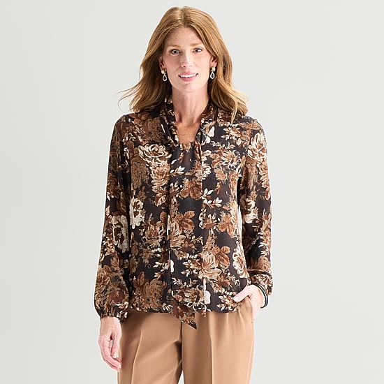 Black Label by Evan-Picone Womens Split Tie Neck Long Sleeve Blouse