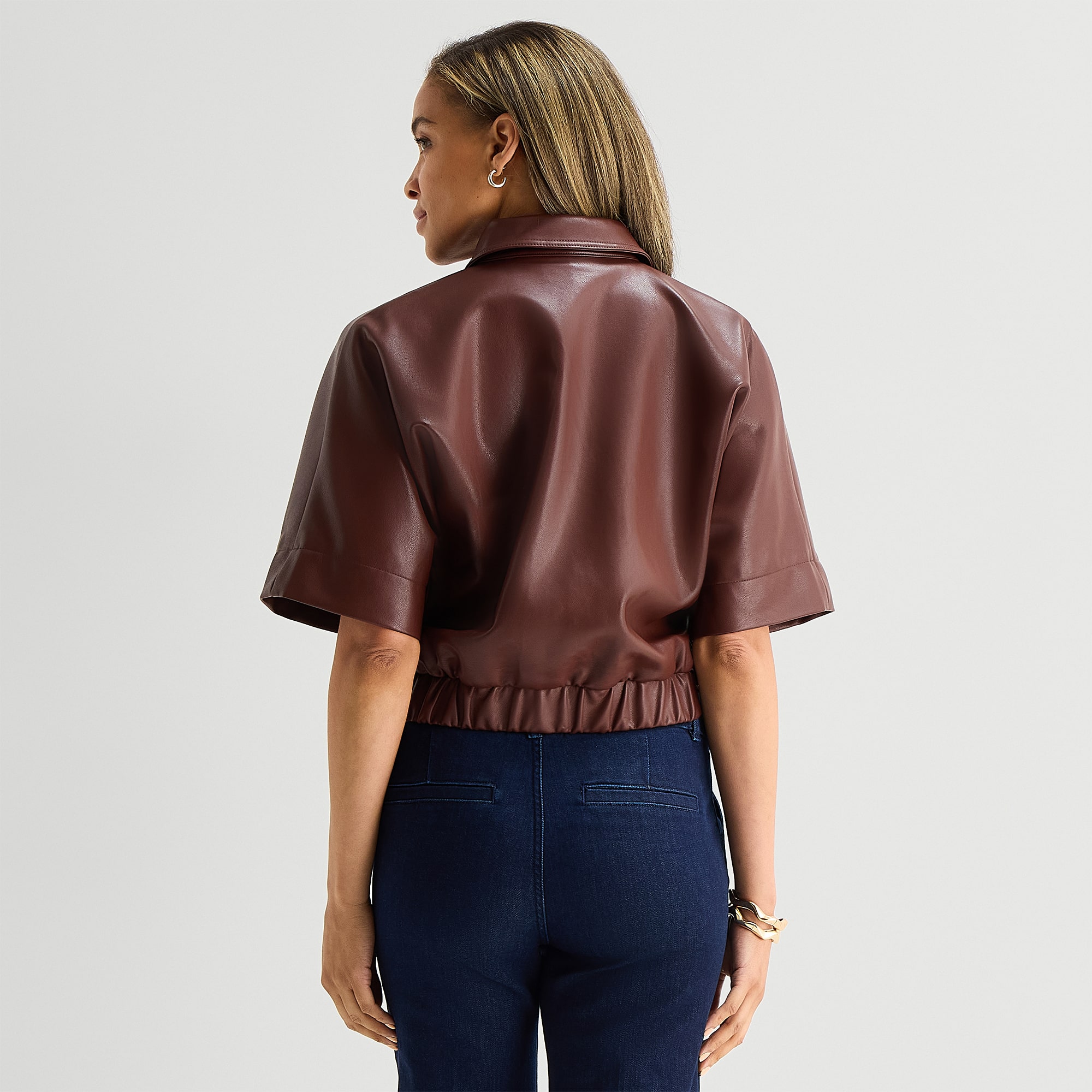 Liz Claiborne Womens Faux Leather Midweight Cropped Jacket