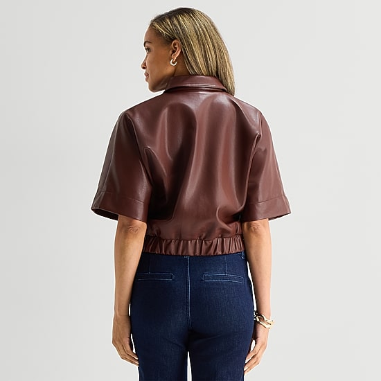 Liz Claiborne Womens Faux Leather Midweight Cropped Jacket