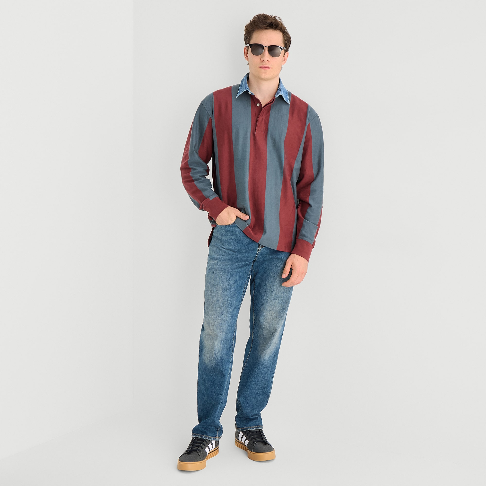 Arizona Mens Long Sleeve Regular Fit Button Down Collar Striped Rugby Shirt