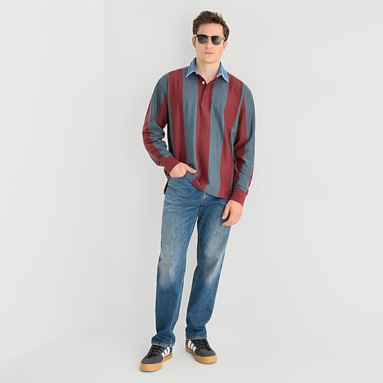 Arizona Mens Long Sleeve Regular Fit Button Down Collar Striped Rugby Shirt