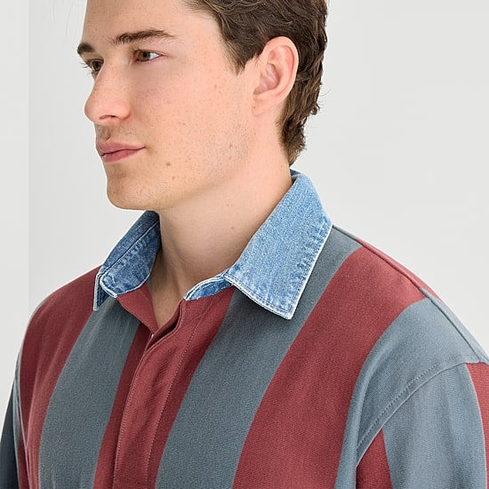 Arizona Mens Long Sleeve Regular Fit Button Down Collar Striped Rugby Shirt