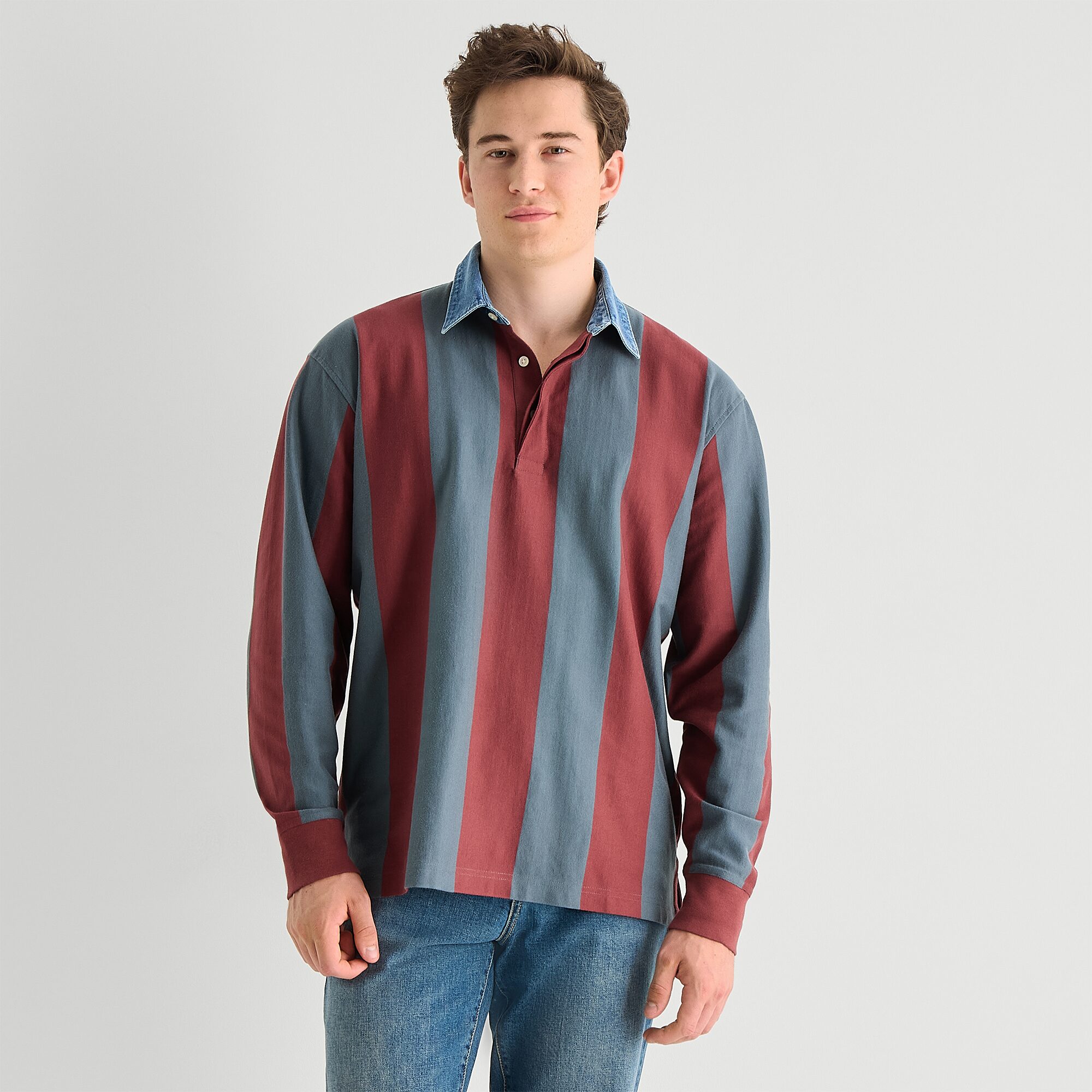 Arizona Mens Long Sleeve Regular Fit Spread Collar Striped Rugby Shirt