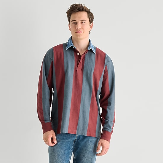 Arizona Mens Long Sleeve Regular Fit Button Down Collar Striped Rugby Shirt