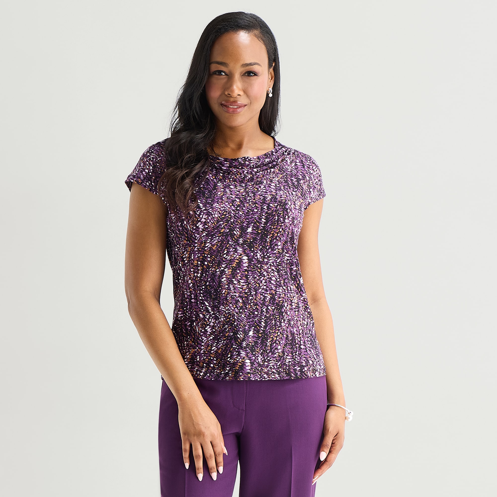 Black Label by Evan-Picone Womens Cowl Neck Short Sleeve Blouse
