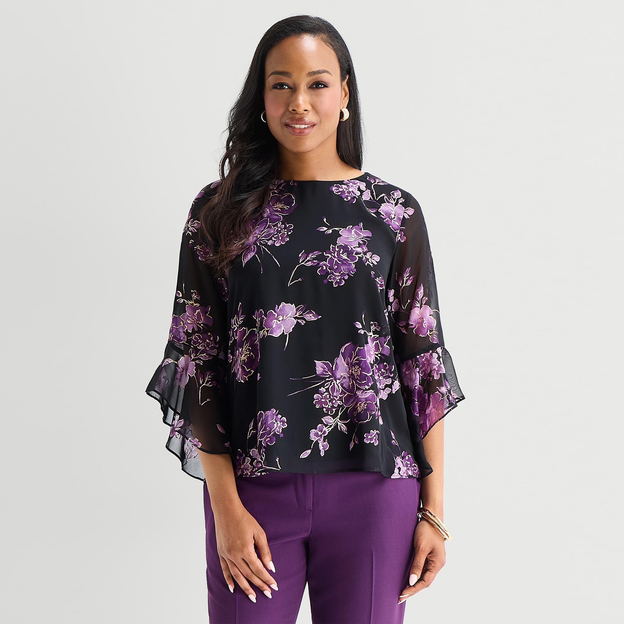 Black Label by Evan-Picone Womens Round Neck 3/4 Sleeve Blouse