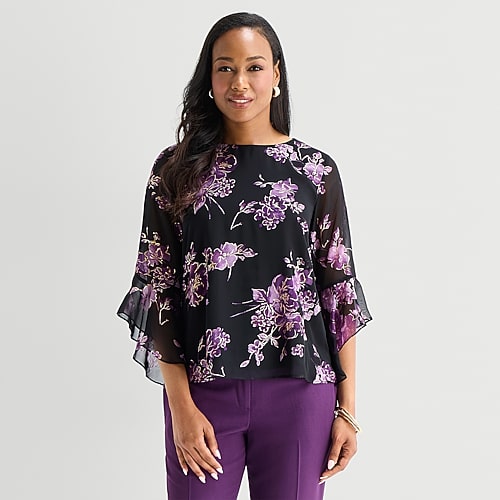 Black Label By Evan Picone Womens Round Neck 3/4 Sleeve Blouse In Black