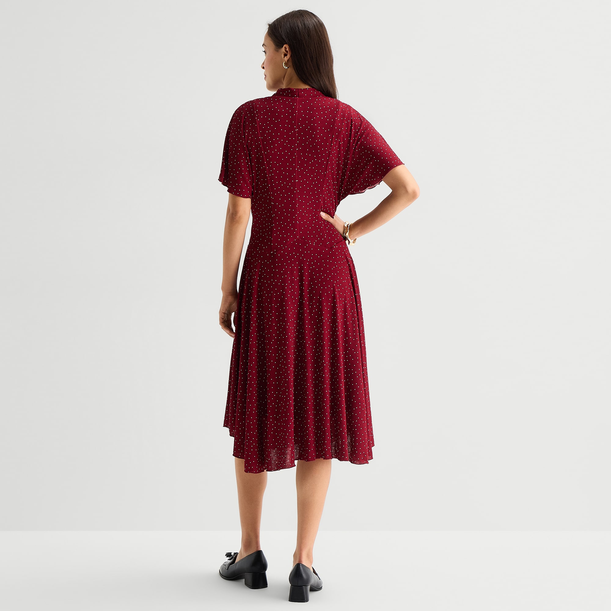 Rabbit Design Womens Midi V Neck Short Sleeve Flutter Pin Dot Fit + Flare Dress