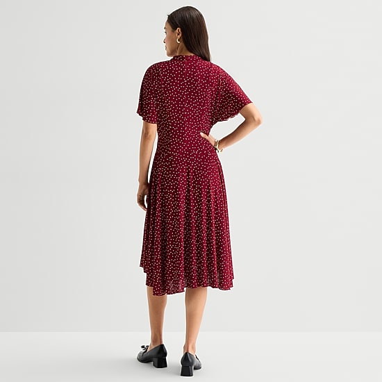 Rabbit Rabbit Rabbit Design Womens Midi V Neck Short Sleeve Flutter Pin Dot Fit + Flare Dress