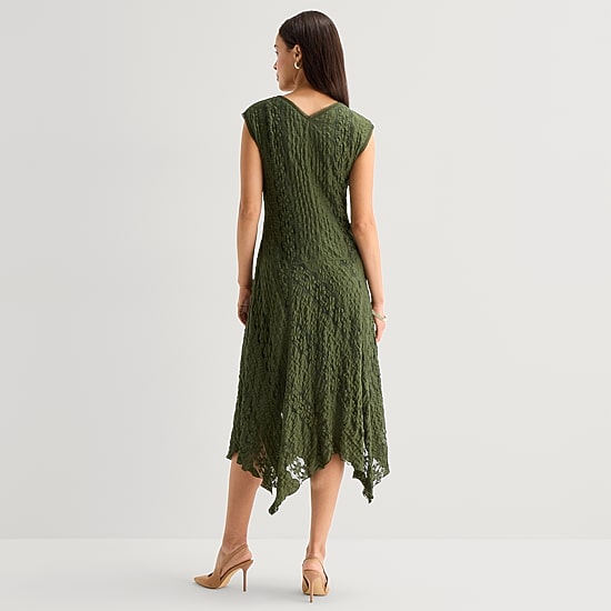 Rabbit Rabbit Rabbit Design Womens Midi V Neck Sleeveless Fit + Flare Dress