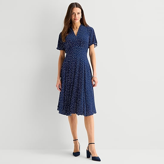 Rabbit Rabbit Rabbit Design Womens Midi V Neck Short Sleeve Flutter Pin Dot Fit + Flare Dress