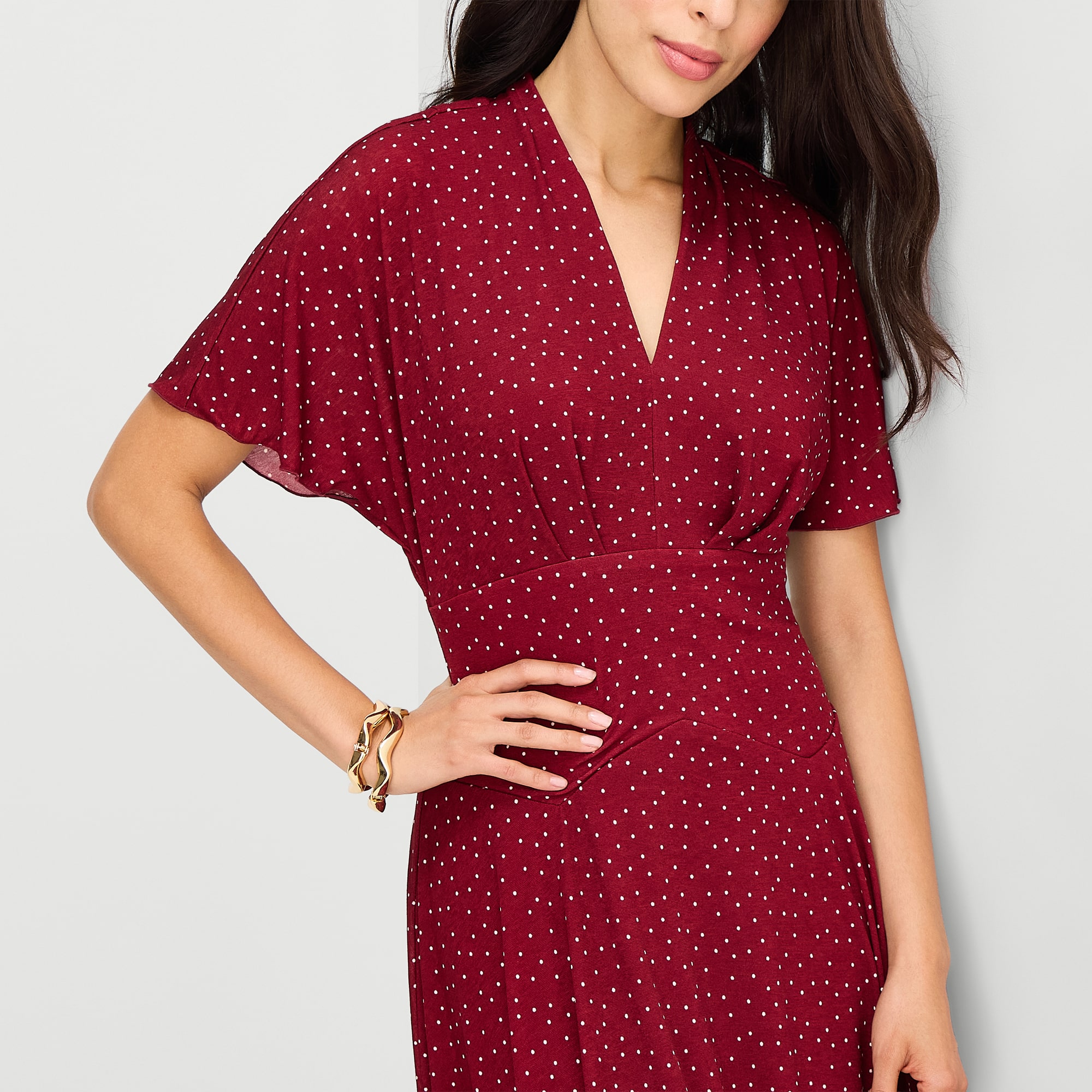 Rabbit Design Womens Midi V Neck Short Sleeve Flutter Pin Dot Fit + Flare Dress