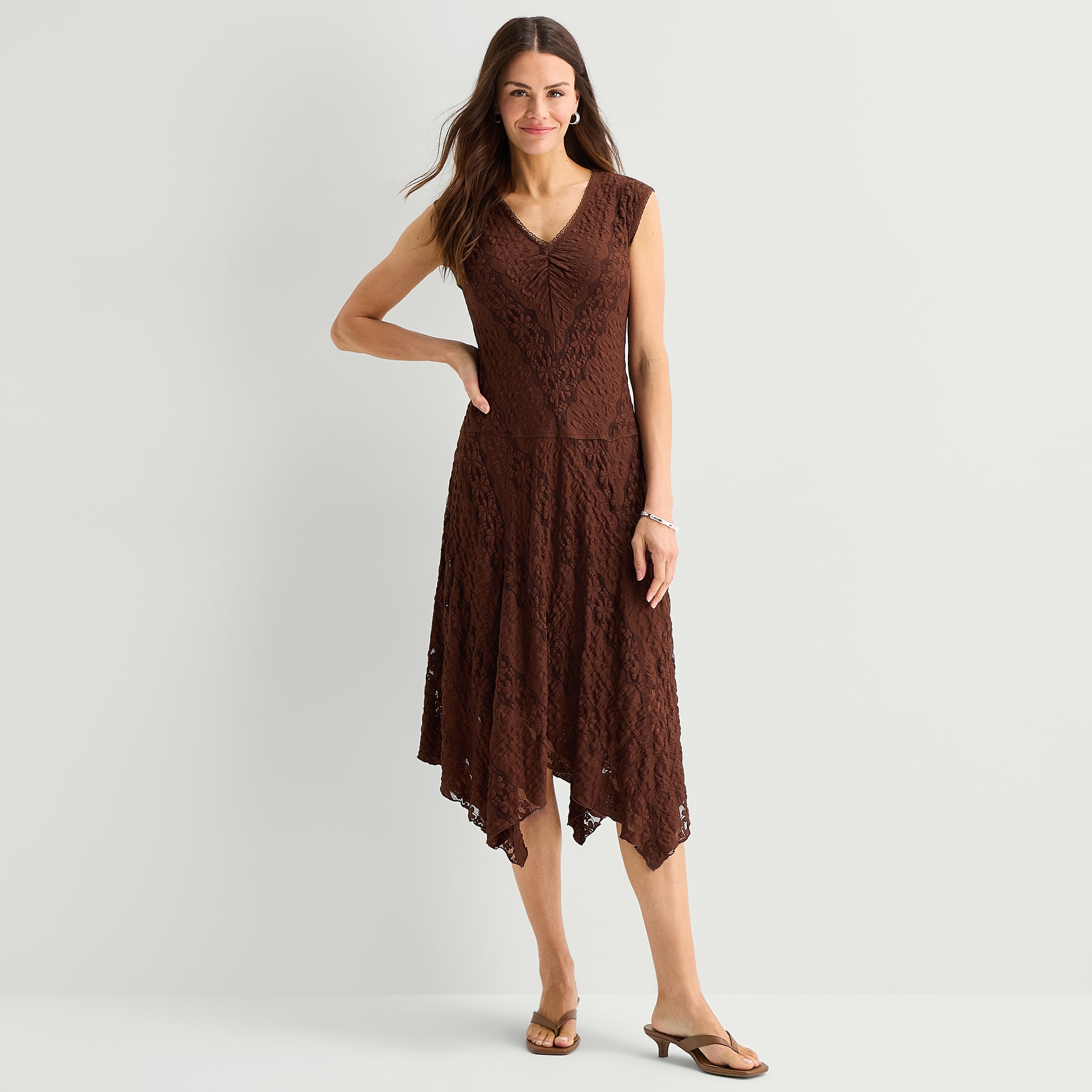 Rabbit Design Womens Midi V Neck Sleeveless Fit + Flare Dress