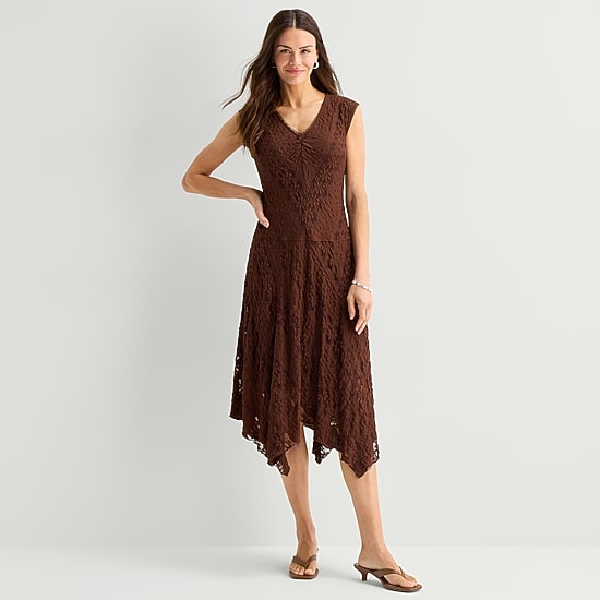 Rabbit Rabbit Rabbit Design Womens Midi V Neck Sleeveless Fit + Flare Dress