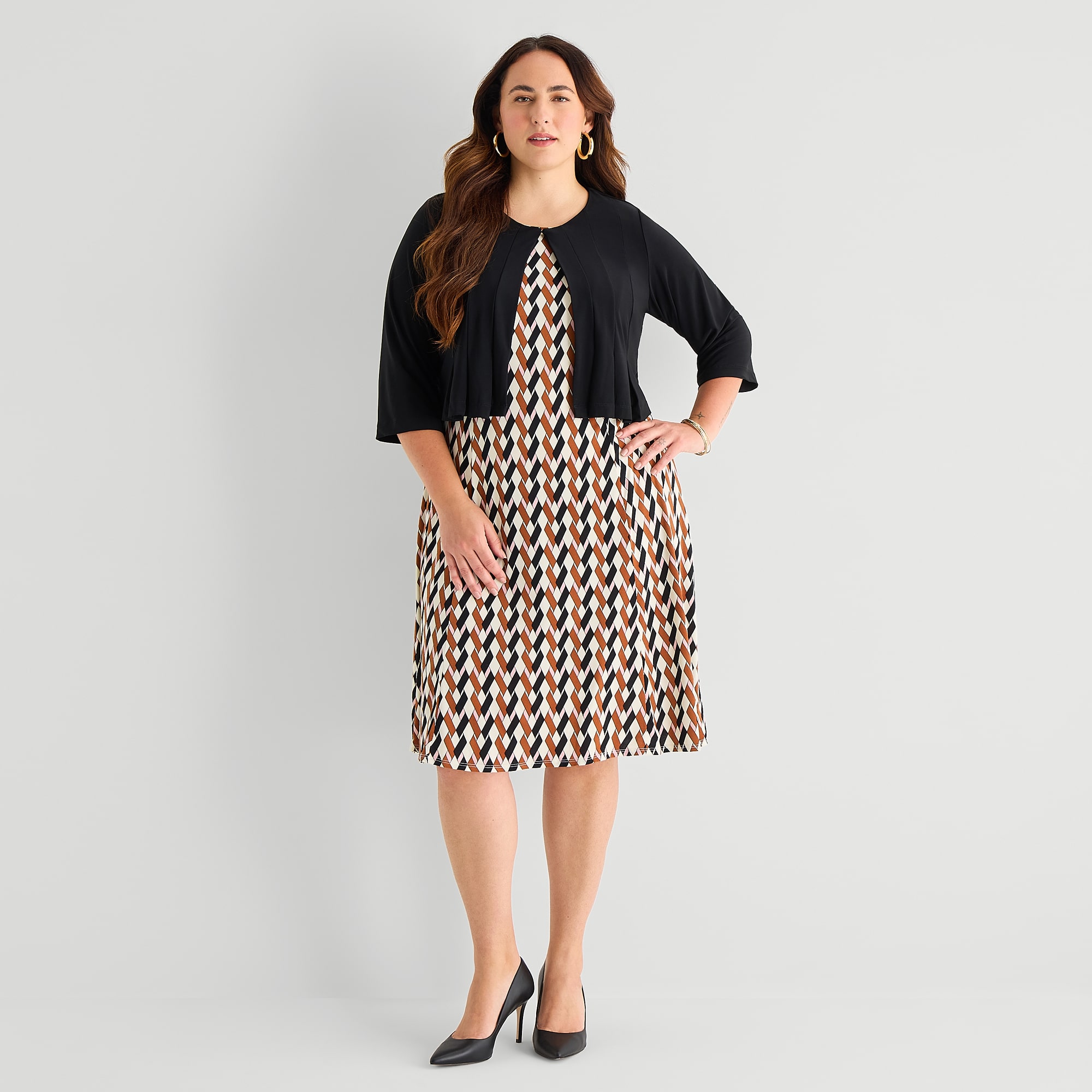 Danny & Nicole Womens Plus Midi Geometric Jacket Dress