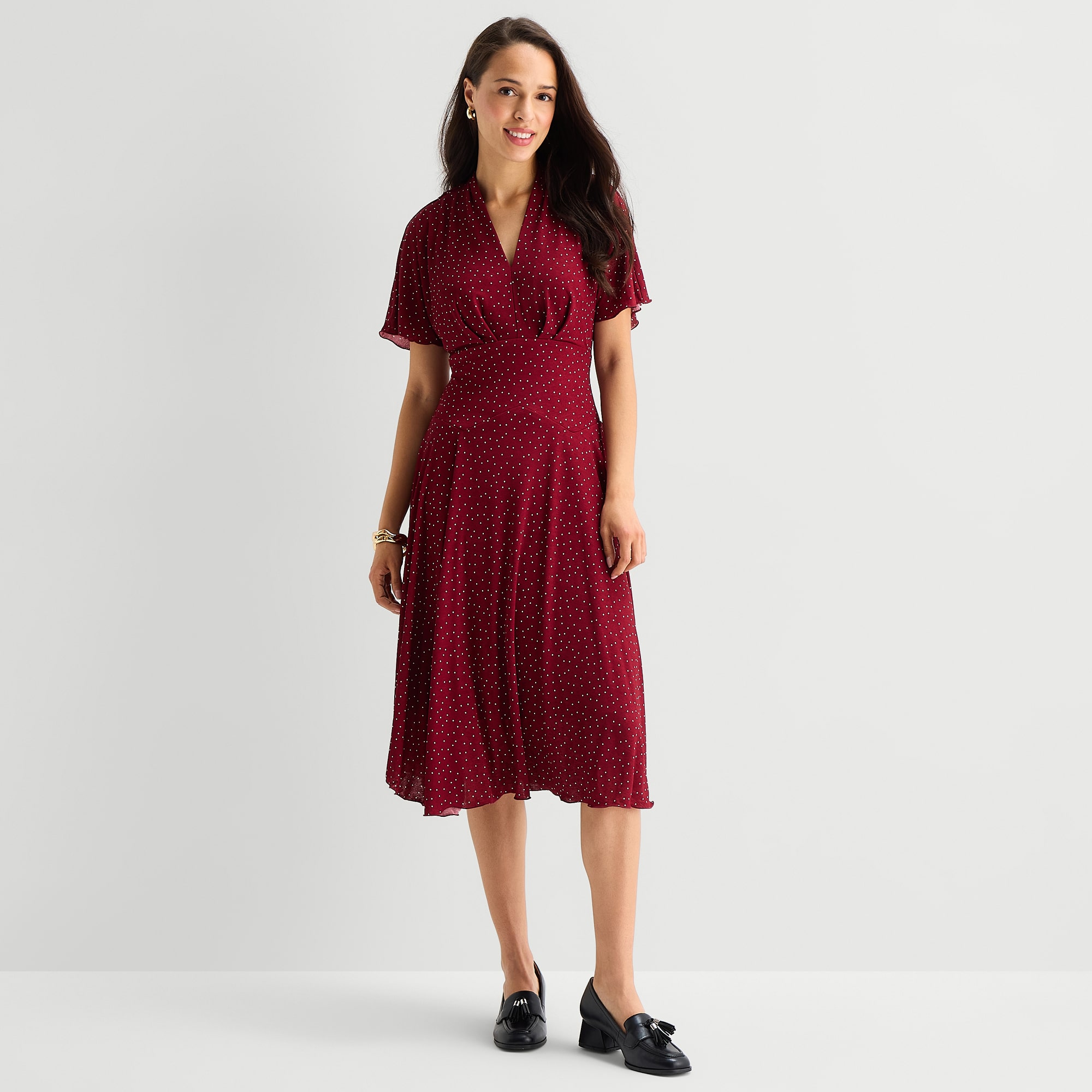 Rabbit Design Womens Midi V Neck Short Sleeve Flutter Pin Dot Fit + Flare Dress