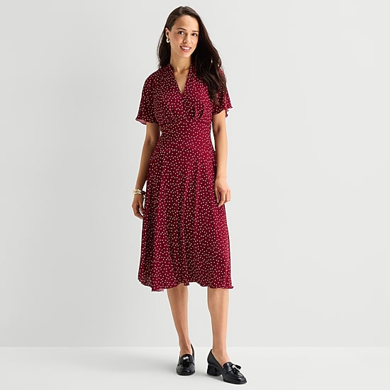 Rabbit Rabbit Rabbit Design Womens Midi V Neck Short Sleeve Flutter Pin Dot Fit + Flare Dress