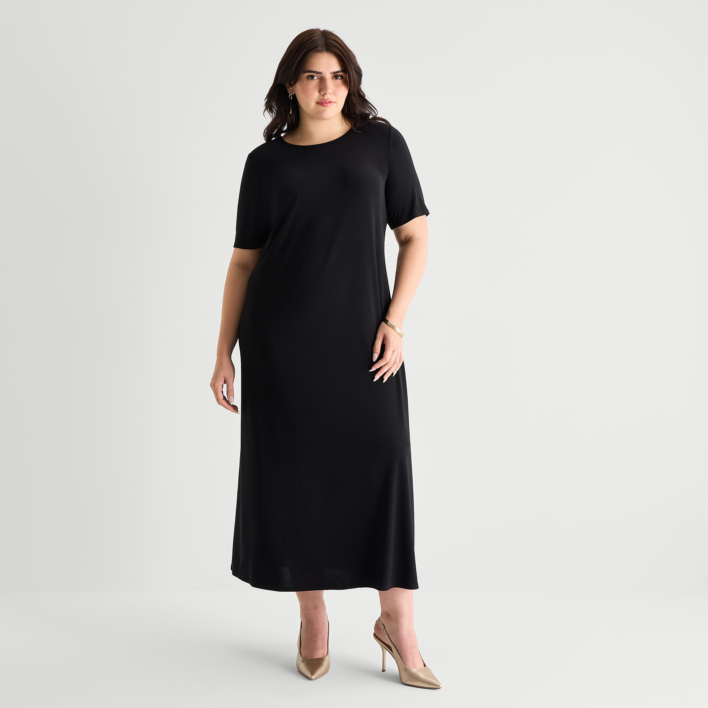 MSK Womens Plus Round Neck Short Sleeve Maxi Dress, Color: Black