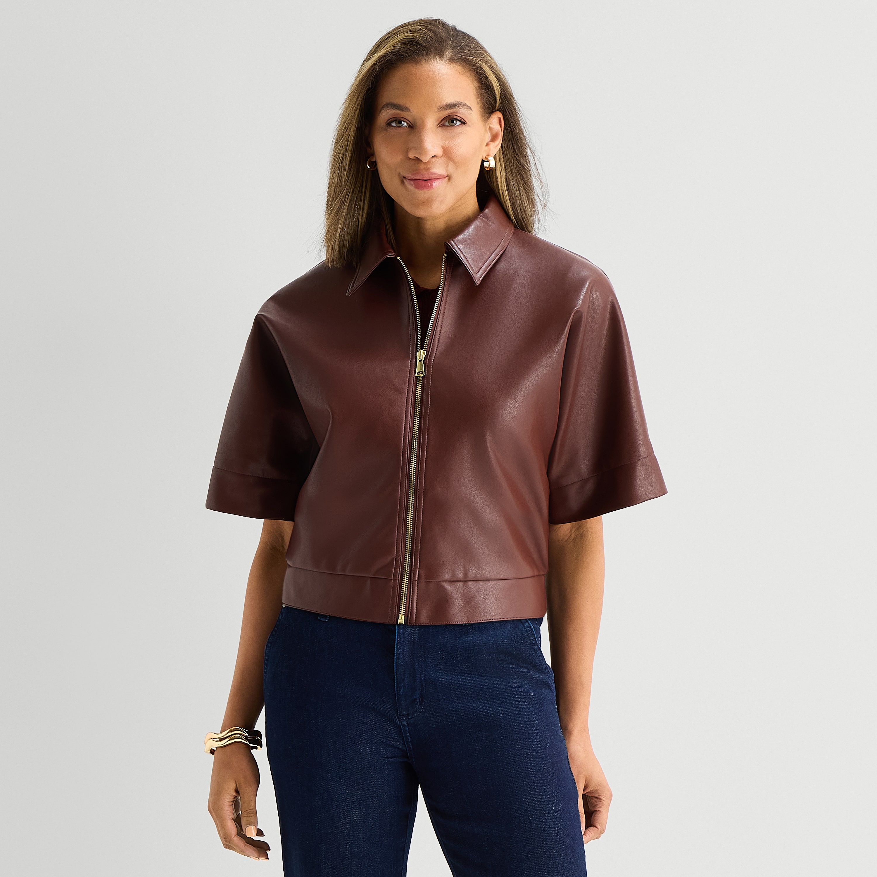 Liz Claiborne Womens Faux Leather Midweight Cropped Jacket