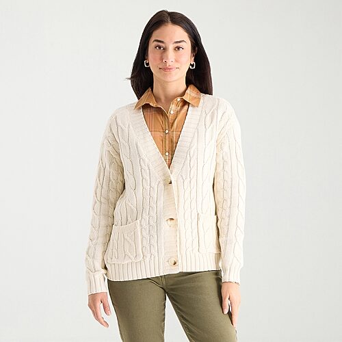 St. John's Bay Womens Long Sleeve Button Tall Cable Knit Cardigan In Beige