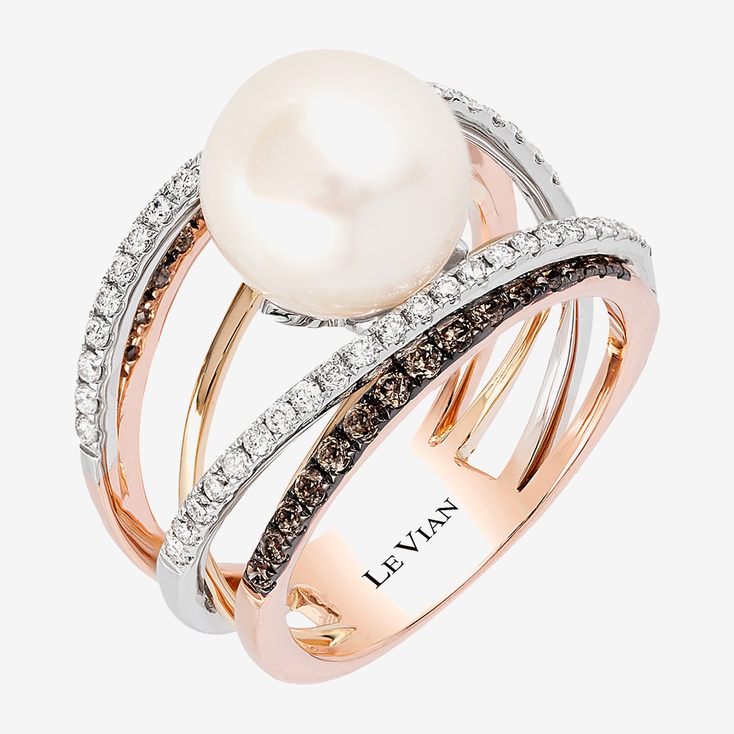 Le Vian Grand Sample Sale Le Vian Grand Sample Sale Limited Quantities! Womens 3/4 CT. T.W. 10-11MM Genuine White Cultured Freshwater Pearl 14K Tri-Color Gold Round Crossover Side Stone Cocktail Ring
