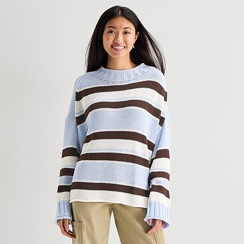 Arizona Juniors Womens Crew Neck Long Sleeve Striped Pullover Sweater In Blue