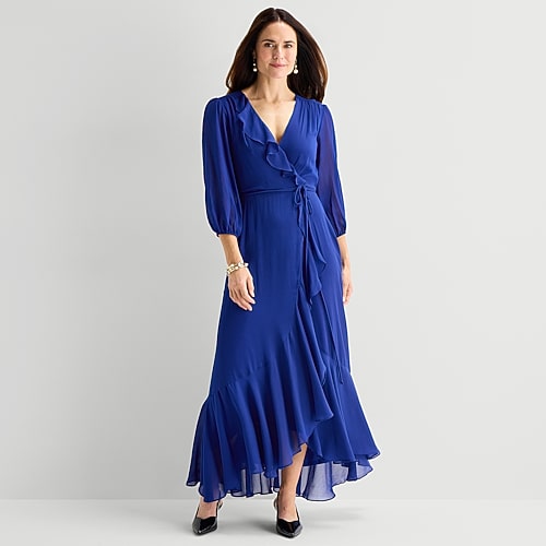 Melonie T Womens V Neck 3/4 Sleeve Balloon Maxi Dress In Blue