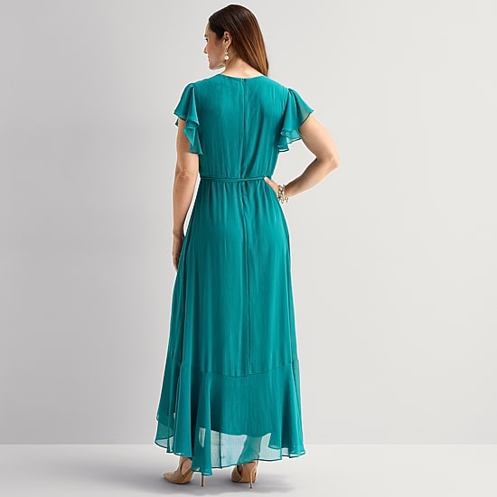 Danny & Nicole Womens V Neck Short Sleeve Ruffled Chiffon Maxi Dress