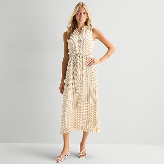 Studio 1 Womens Midi V Neck Sleeveless Chiffon Striped Fit + Flare Dress