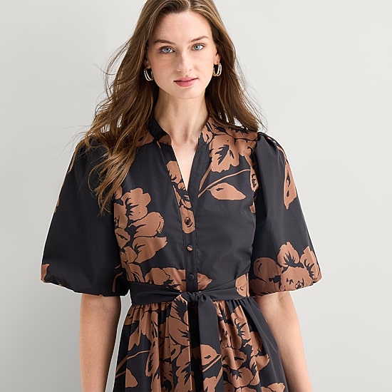 Studio 1 Womens Midi V Neck Short Sleeve Puffed Floral Fit + Flare Dress