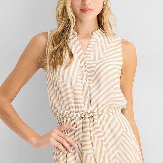 Studio 1 Womens Midi V Neck Sleeveless Chiffon Striped Fit + Flare Dress