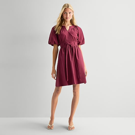 Studio 1 Womens Split Crew Neck Short Sleeve Puffed Fit + Flare Dress