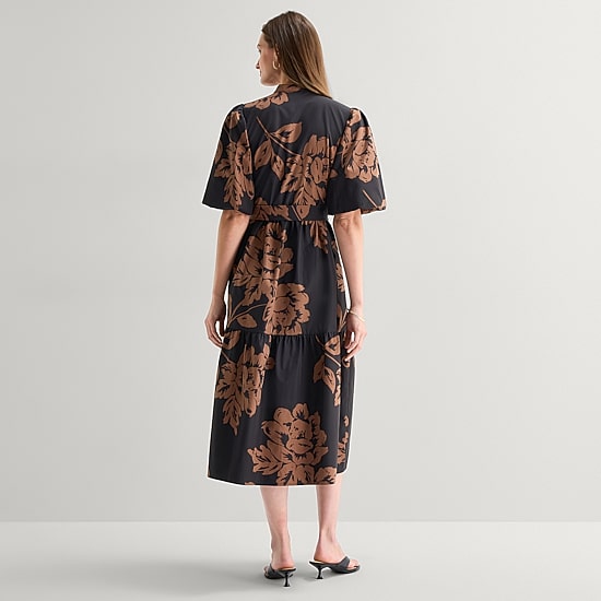 Studio 1 Womens Midi V Neck Short Sleeve Puffed Floral Fit + Flare Dress