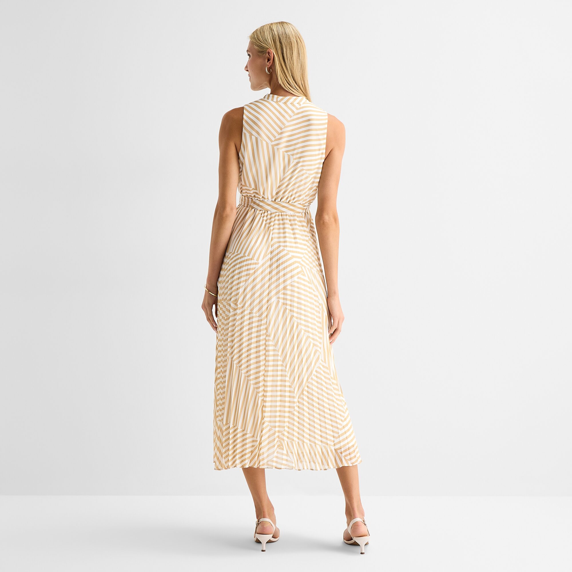 Studio 1 Womens Midi V Neck Sleeveless Striped Fit + Flare Dress