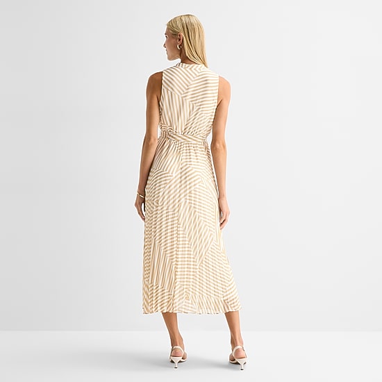 Studio 1 Womens Midi V Neck Sleeveless Chiffon Striped Fit + Flare Dress