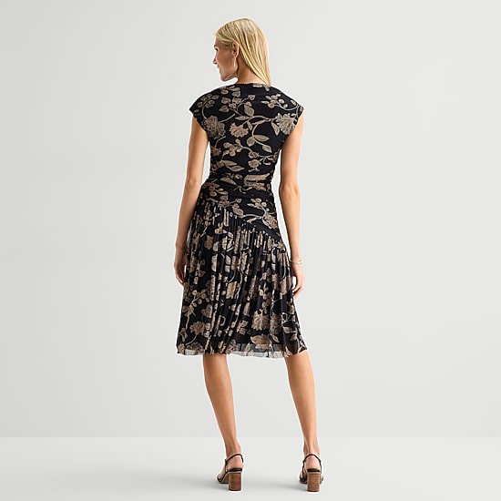 Robbie Bee Womens Petite Midi Round Neck Sleeveless Floral Fit + Flare Dress