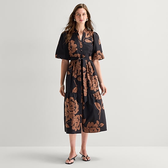 Studio 1 Womens Midi V Neck Short Sleeve Puffed Floral Fit + Flare Dress