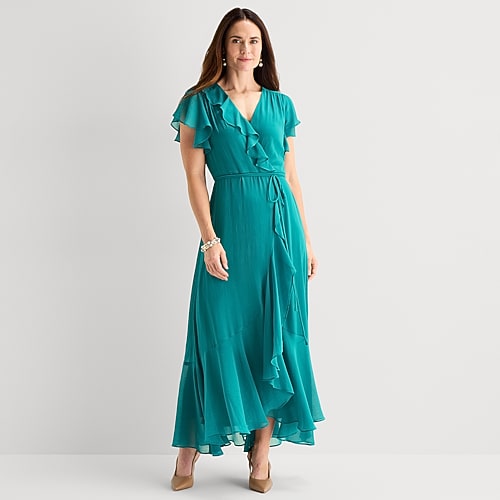 Danny & Nicole Womens V Neck Short Sleeve Ruffled Maxi Dress In Blue