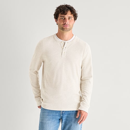 Mutual Weave Mens Long Sleeve Regular Fit Henley Shirt In White