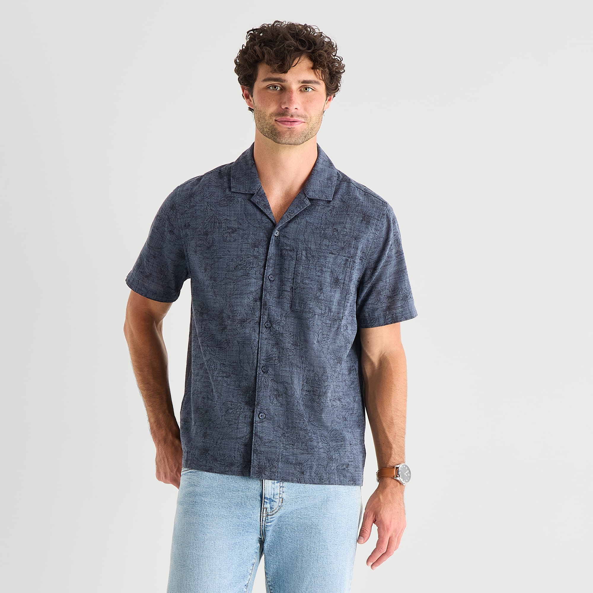 mutual weave Mens Short Sleeve Boxy Fit Button-Down Shirt