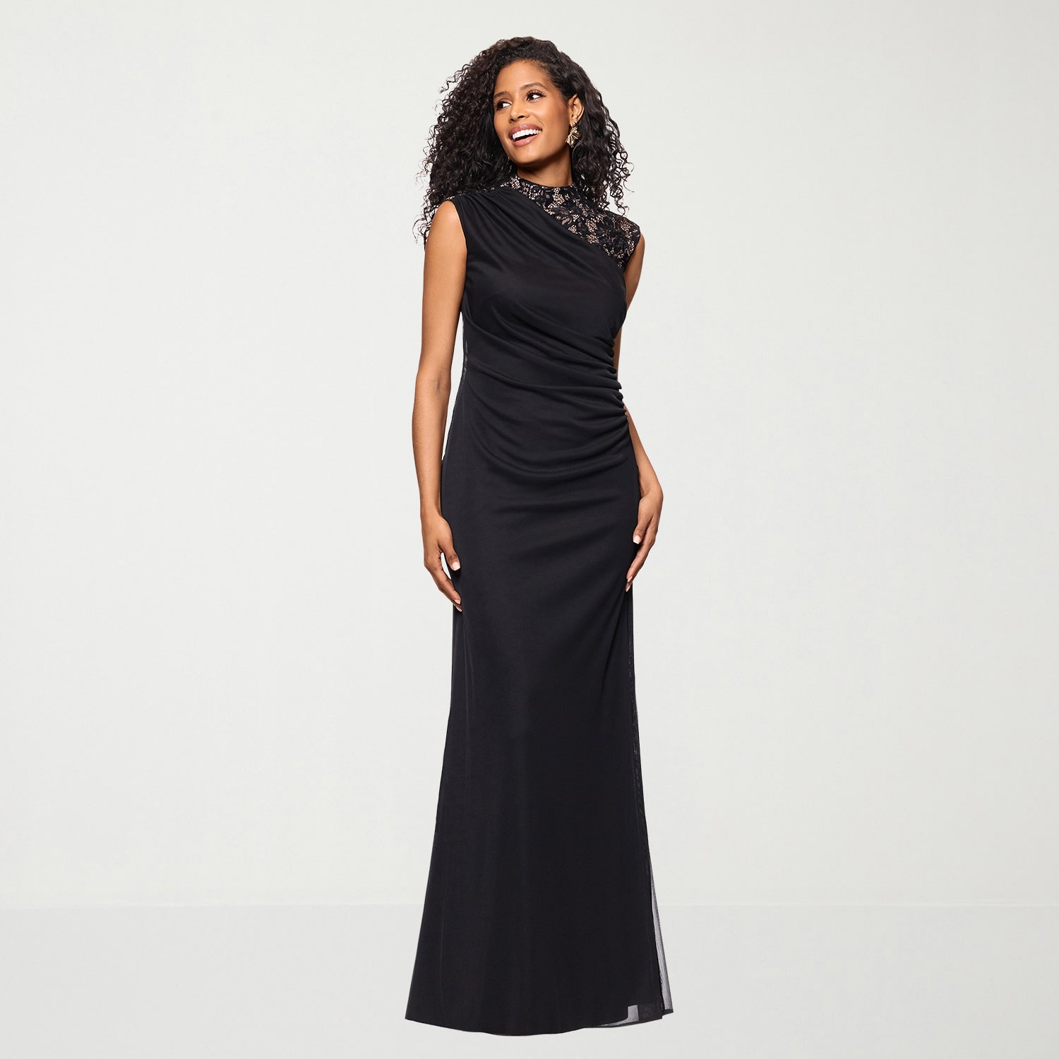 DJ Jaz Womens Round Neck Short Sleeve Lace Evening Gown