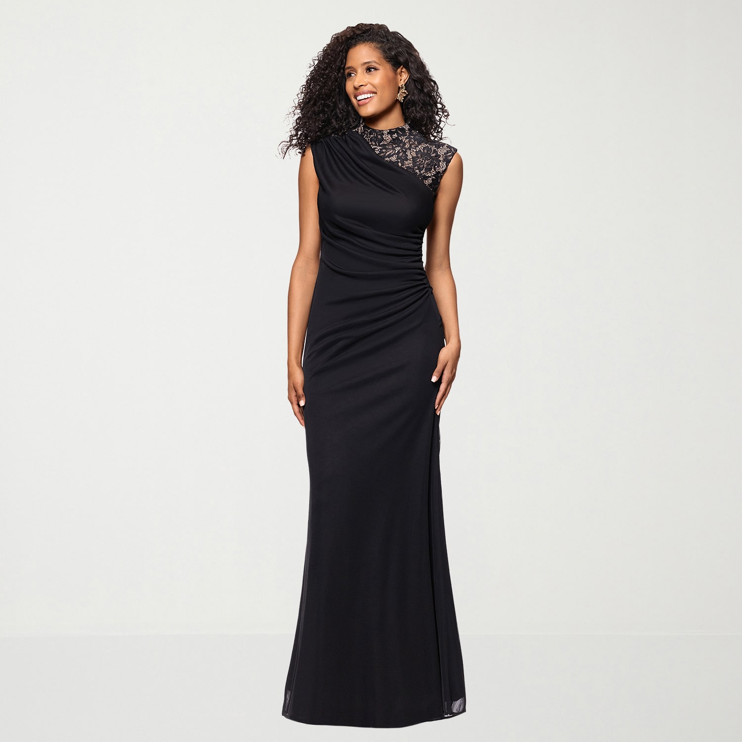 DJ Jaz Womens Round Neck Short Sleeve Lace Evening Gown