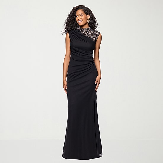 DJ Jaz Womens Mock Neck Sleeveless Lace Evening Gown, Color: Black