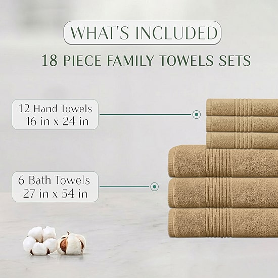 Home Weavers Inc Hazel Collection 100% Cotton Zero Twist Super Absorbent 18-pc. Quick Dry Bath Towel Set