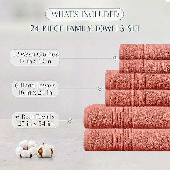Home Weavers Inc Hazel Collection 100% Cotton Zero Twist Super Absorbent 24-pc. Quick Dry Bath Towel Set