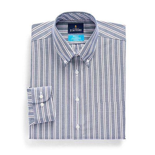 Stafford Coolmax All Season Ecomade Oxford Mens Regular Fit Stretch Fabric Wrinkle Free Long Sleeve Dress Shirt, 18-18.5 34-35, Blue