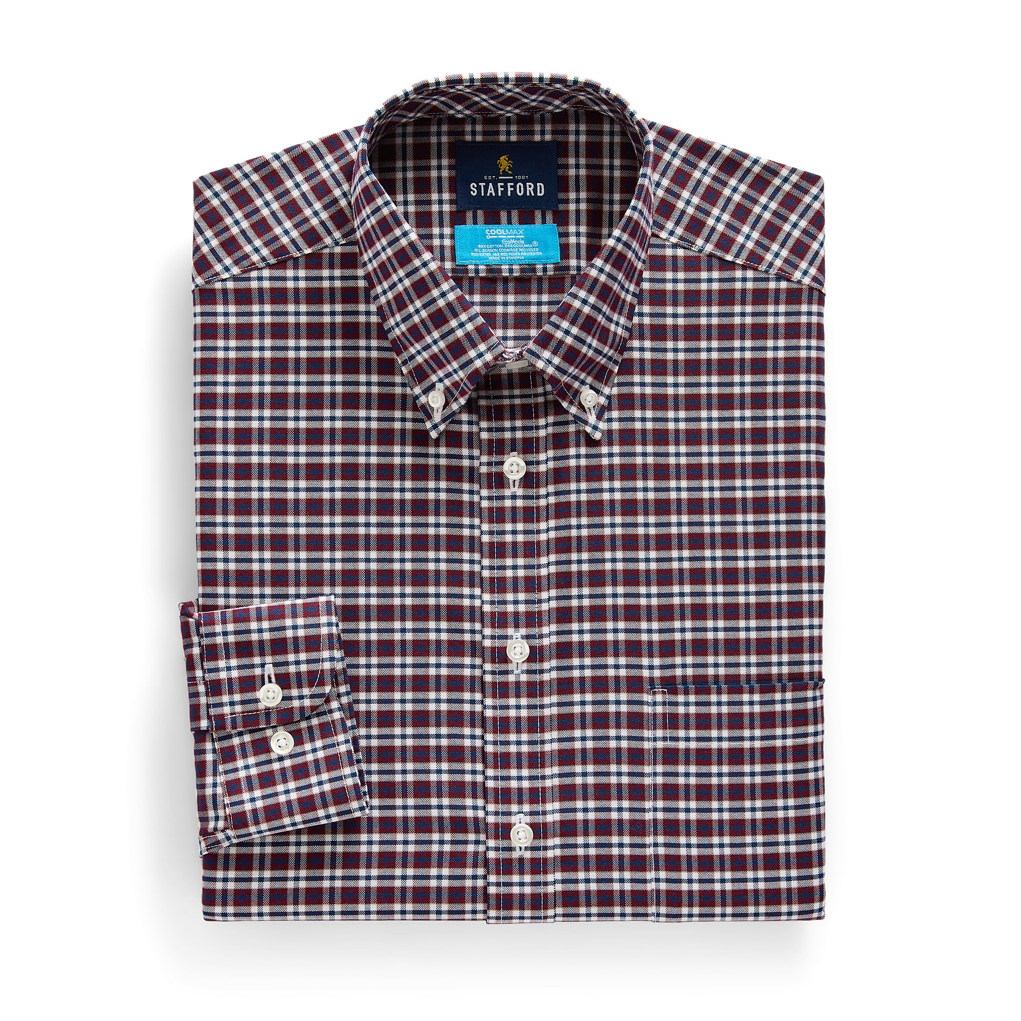 Stafford Coolmax All Season Ecomade Oxford Mens Regular Fit Stretch Fabric Wrinkle Free Long Sleeve Dress Shirt