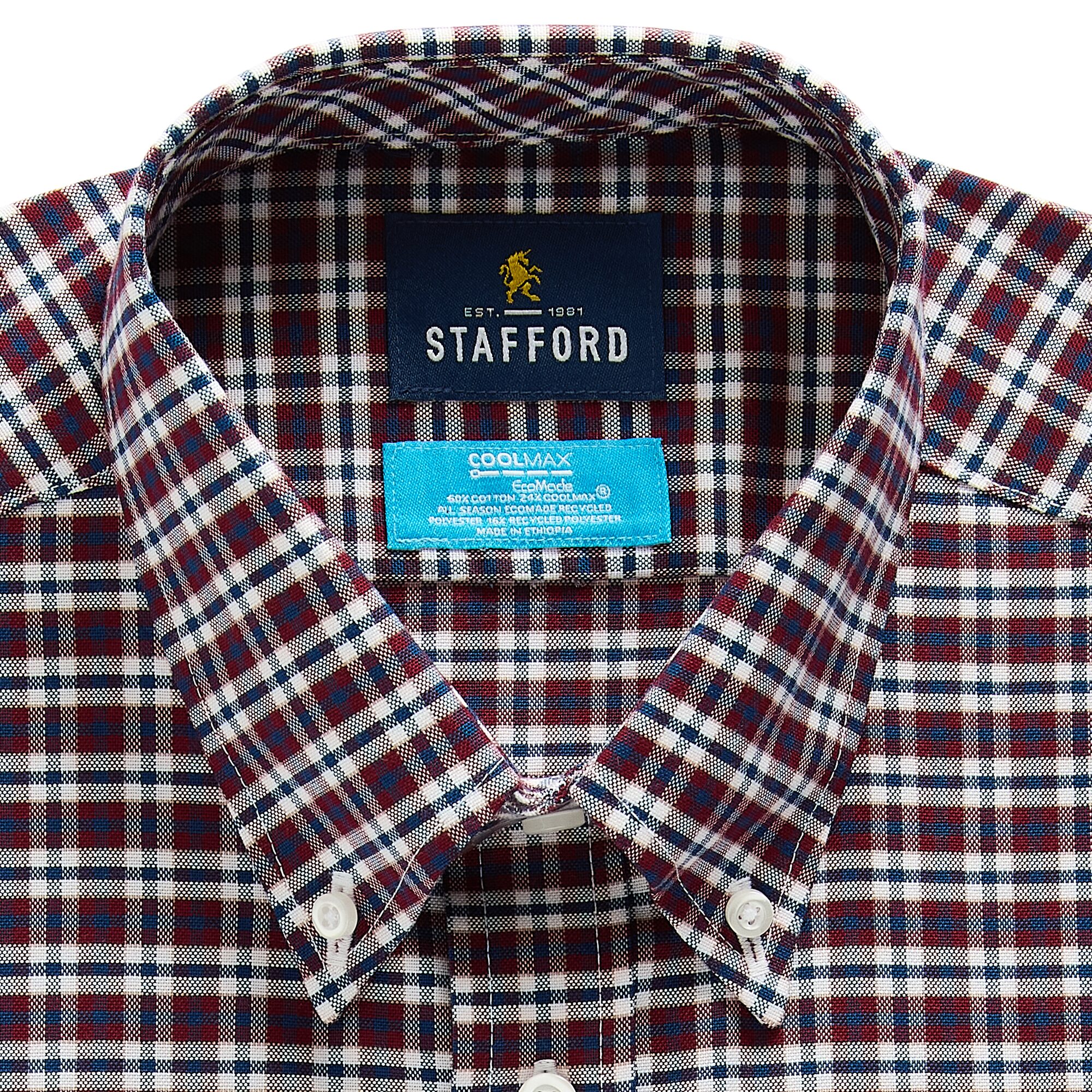 Stafford Coolmax All Season Ecomade Oxford Mens Regular Fit Stretch Fabric Wrinkle Free Long Sleeve Dress Shirt
