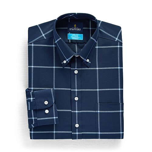 Stafford Coolmax All Season Ecomade Oxford Mens Slim Fit Stretch Fabric Wrinkle Free Long Sleeve Dress Shirt, 17-17.5 36-37, Blue