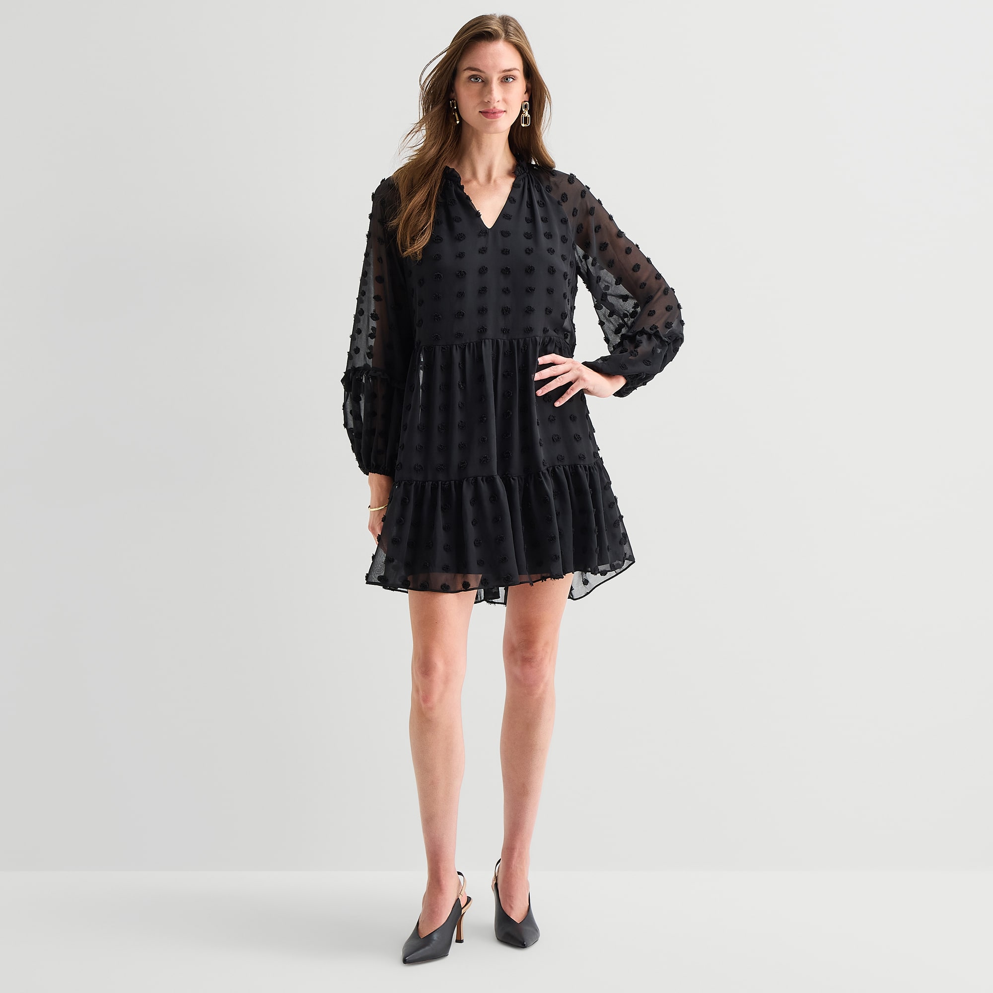 MSK Womens V Neck Long Sleeve Dots Shift Dress